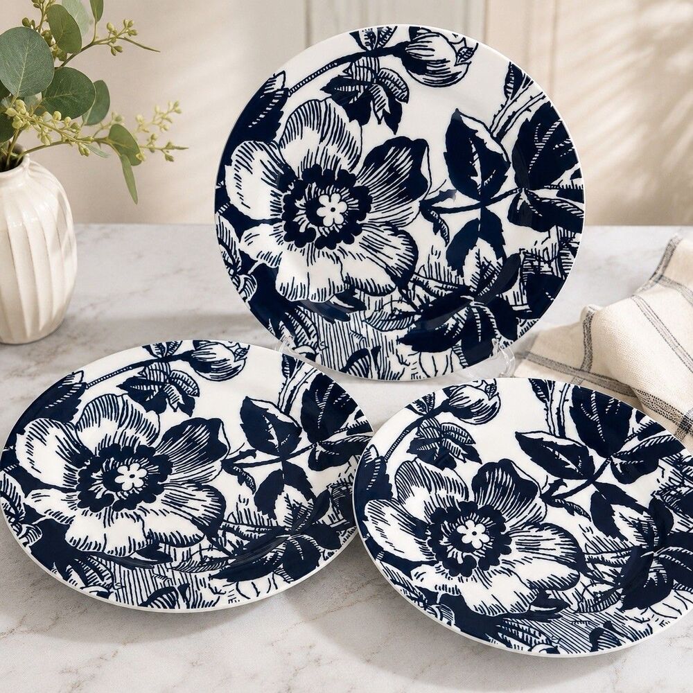 Isaac Mizrahi Target Midnight Blue Floral Porcelain Plates Set of 3, 8 3/8”